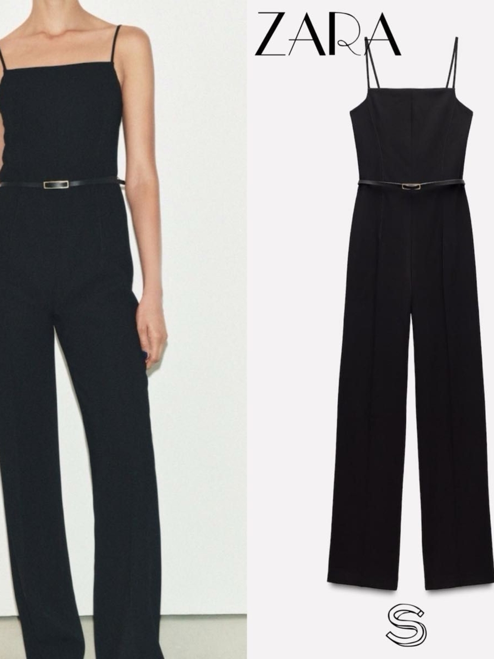 ZARA Black Wide-Leg Belted Jumpsuit
